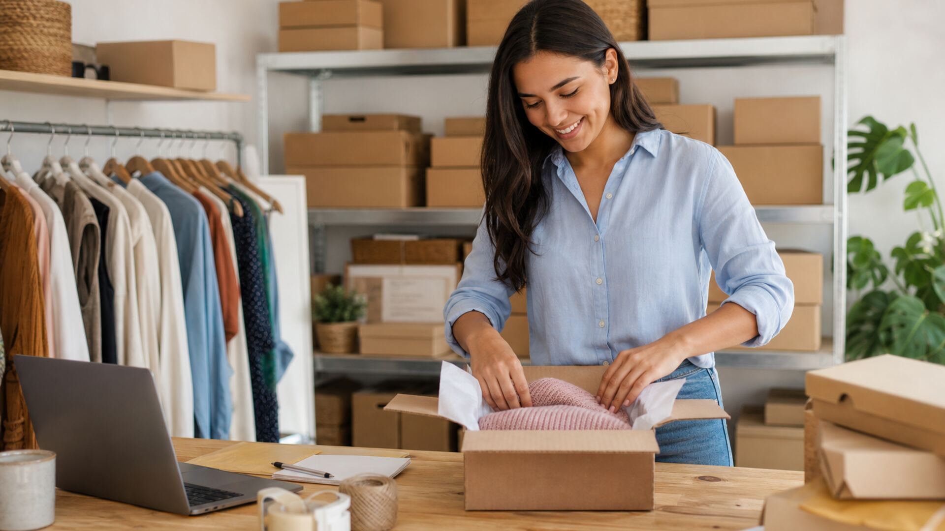 Emprendedora empacando pedidos de su tienda online en un pequeño taller