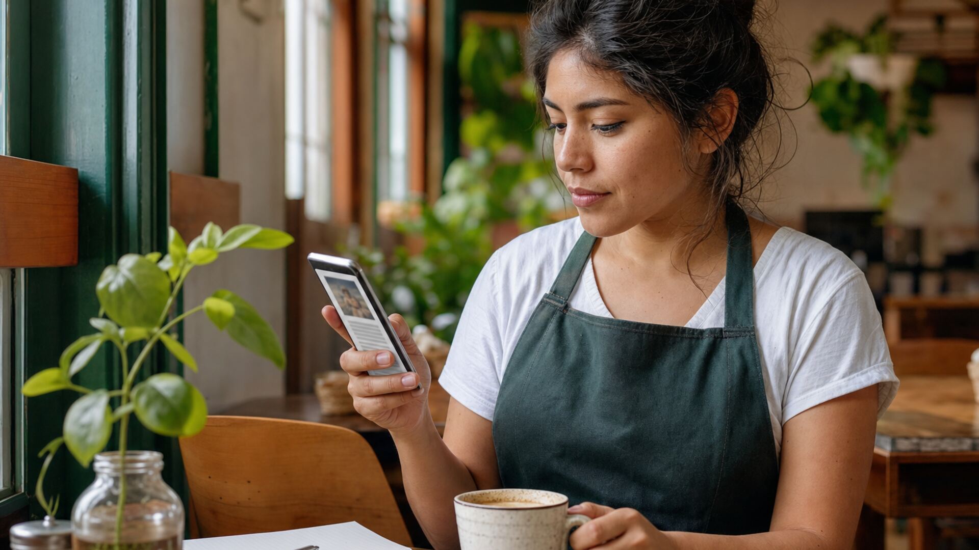 Persona leyendo una guía sobre tecnología para su negocio desde su celular