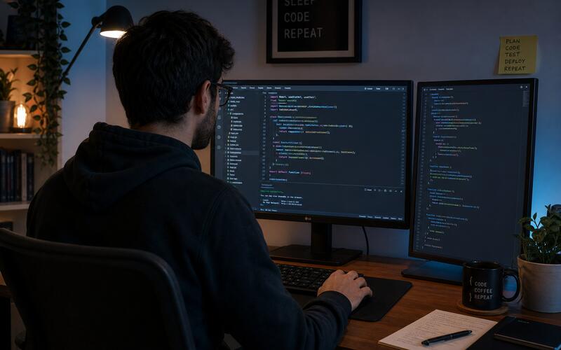Desarrollador de software trabajando frente a una pantalla con código