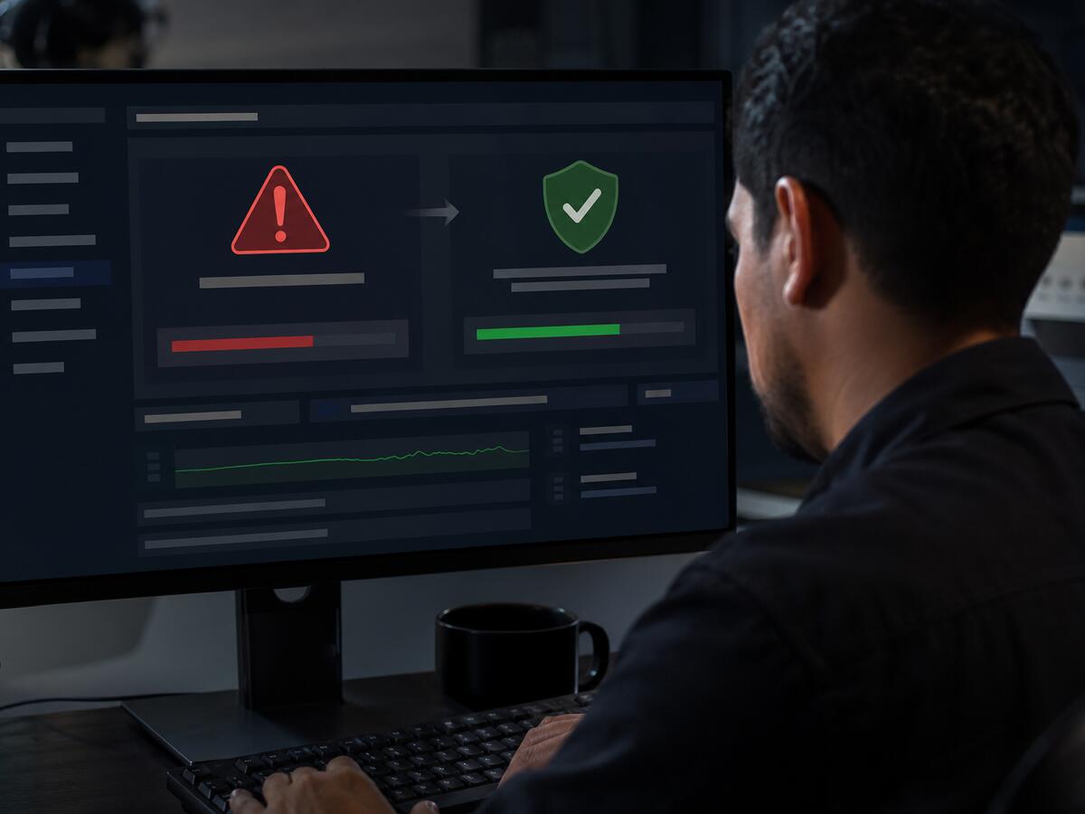 Pantalla mostrando una alerta de seguridad siendo resuelta por un técnico