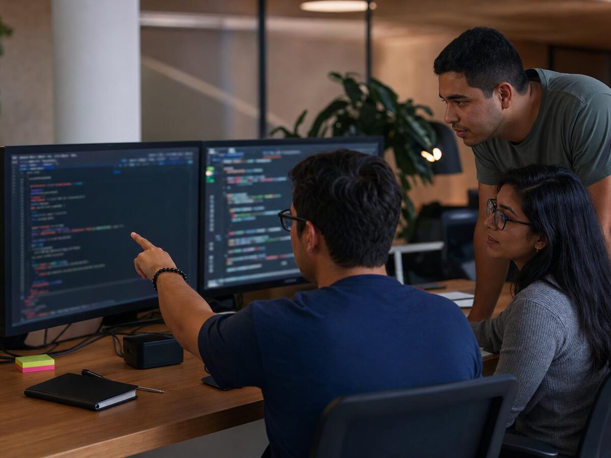 Equipo de desarrollo revisando código en varias pantallas de una oficina