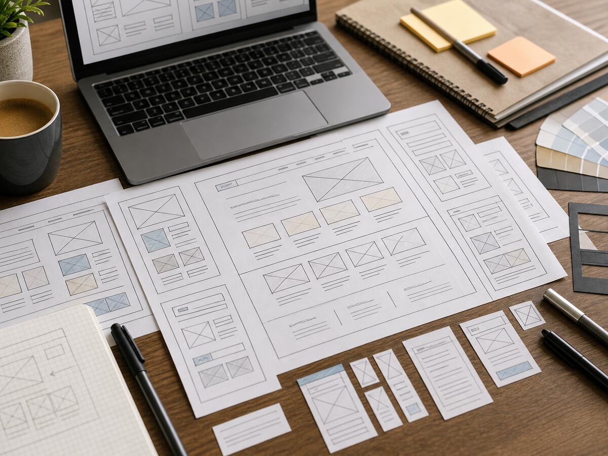 Bocetos y wireframes de una página web sobre un escritorio de diseño