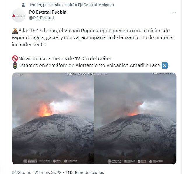 volcán popocatépetl explosión 22 mayo