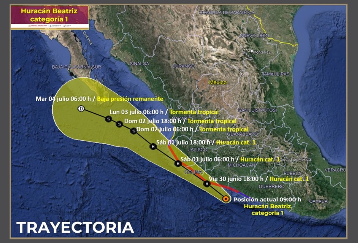 Beatriz se intensificó a huracán categoría 1 frente a costas de Michoacán, Guerrero y Jalisco. Foto: Conagua Clima