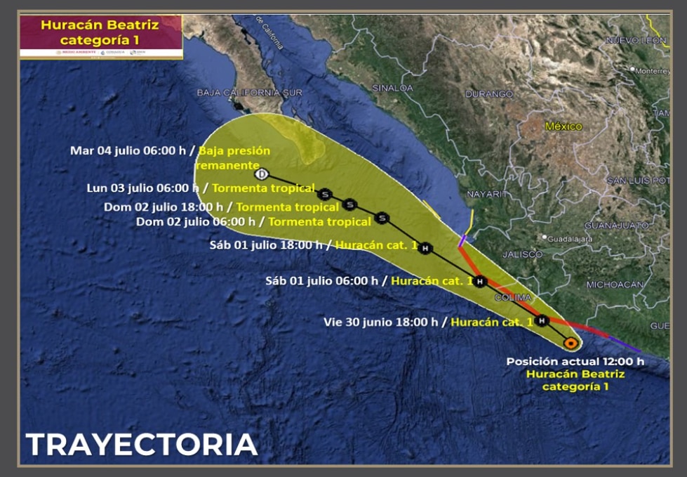Beatriz se intensificó a huracán categoría 1 frente a costas de Michoacán, Guerrero y Jalisco. Foto: Conagua Clima