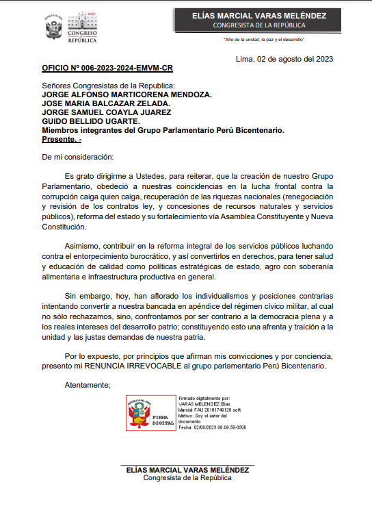 Carta de renuncia de Elías Varas a la bancada de Perú Bicentenario.