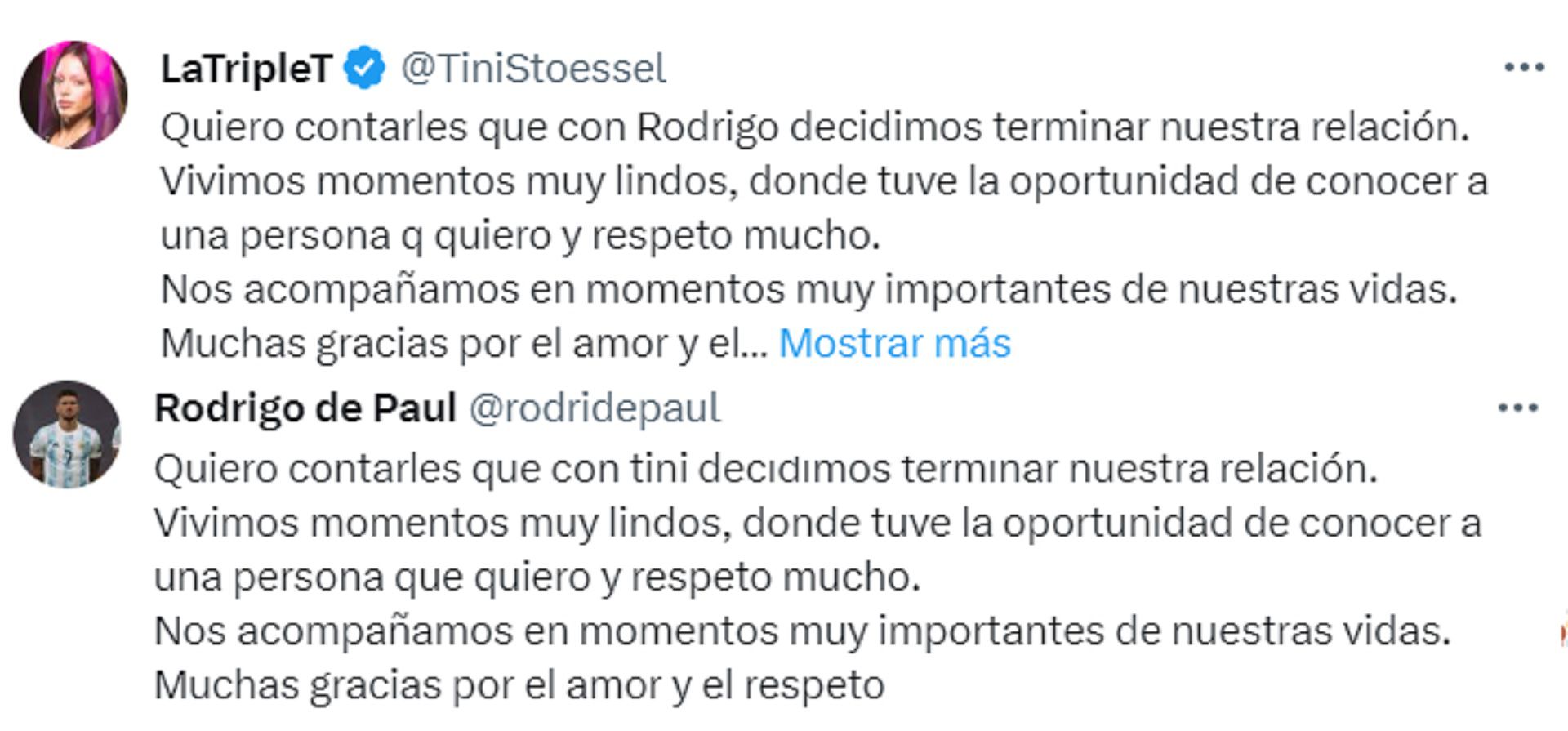 Los tuits de Tini Stoessel y Rodrigo De Paul para anunciar la separación
