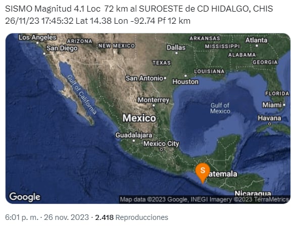 sismo México 26 de noviembre 2023