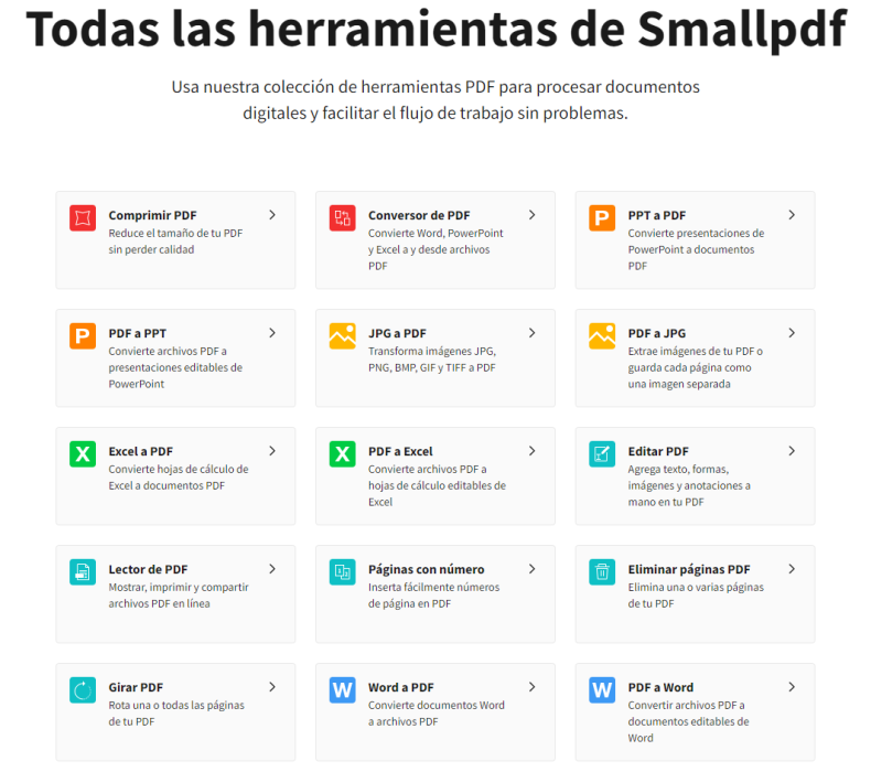 Todas las herramientas de Small PDF