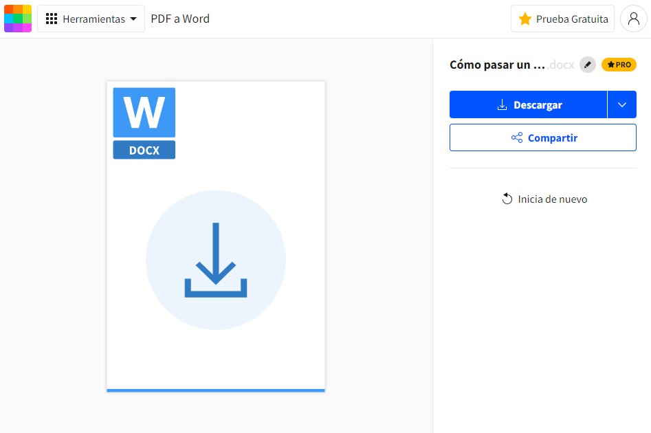 Inicio de conversión del archivo de PDF a Word