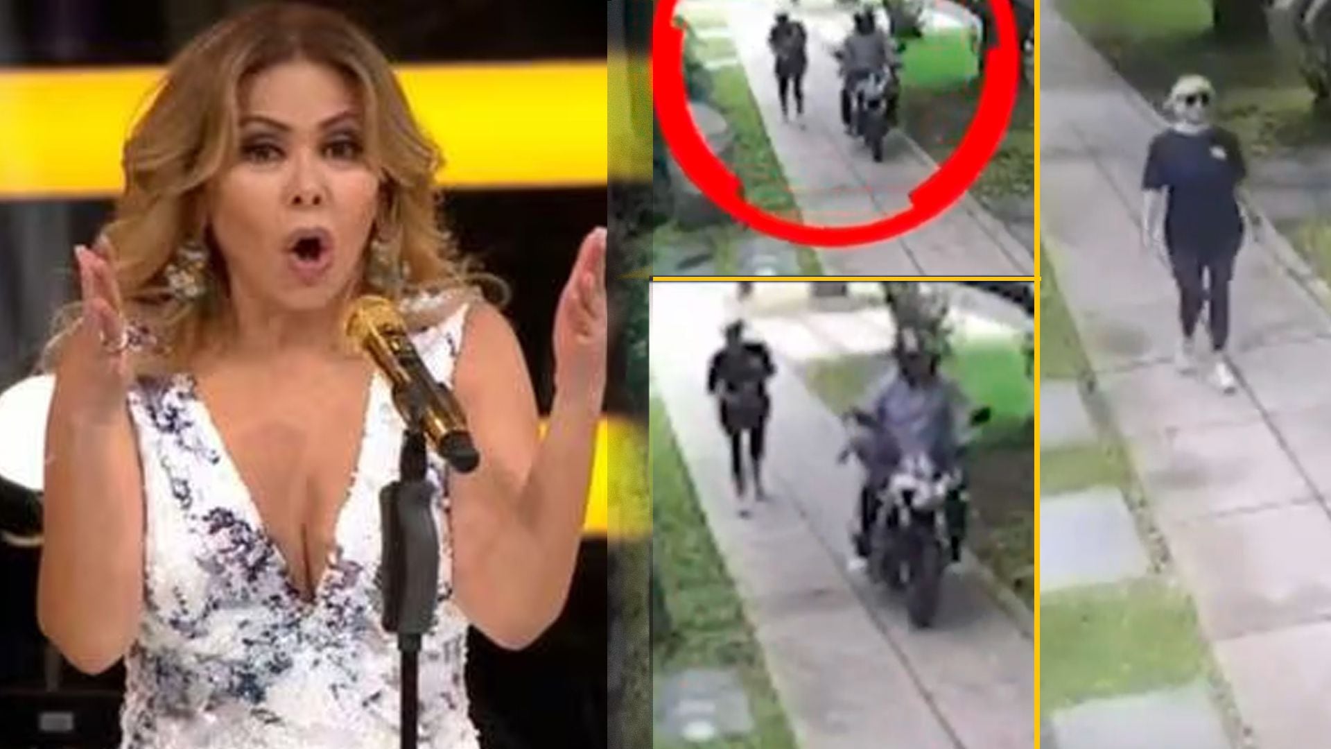 Gisela Valcárcel y las imágenes de cámara seguridad que muestran el robo que sufrió en San Isidro. (Captura: Magaly TV La Firme)