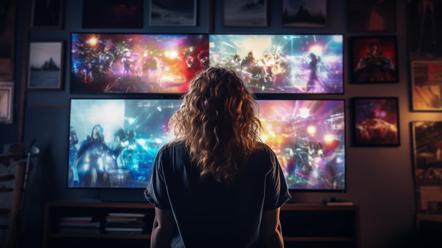 Una mujer de 30 años está sentada frente a la televisión, viendo una película de amor en Netflix. La luz neón de la pantalla ilumina la habitación, que está decorada con pantallas LCD y pósters de películas, creando un ambiente melancólico y cinéfilo. (Imagen ilustrativa Infobae)
