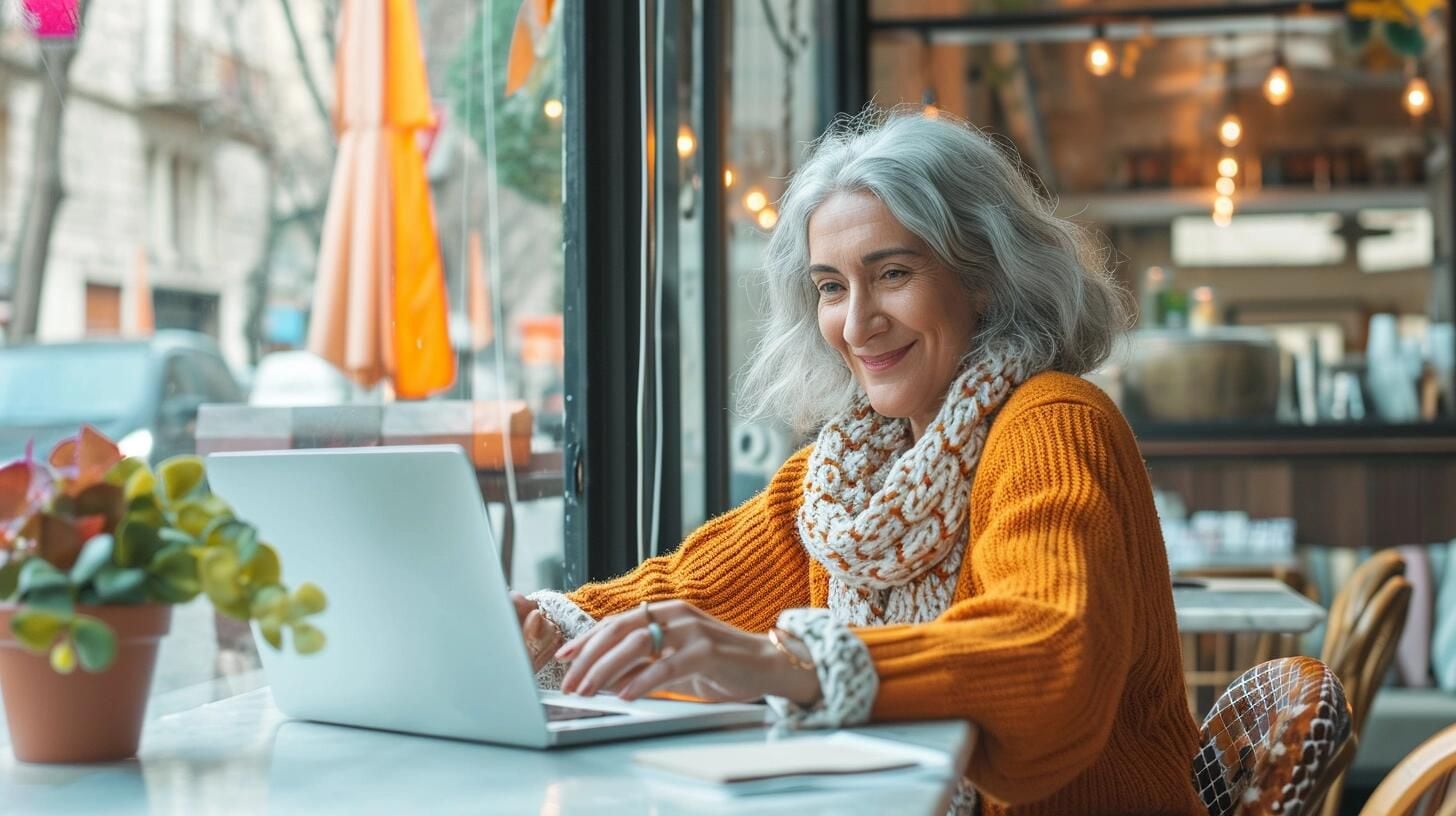 Mujer mayor utilizando su laptop en un ambiente de café, mostrando habilidad y comodidad con la tecnología. La foto captura su enfoque y conexión al mundo virtual, desafiando los estereotipos sobre la edad y la adaptación a las nuevas tecnologías. (Imagen ilustrativa Infobae)