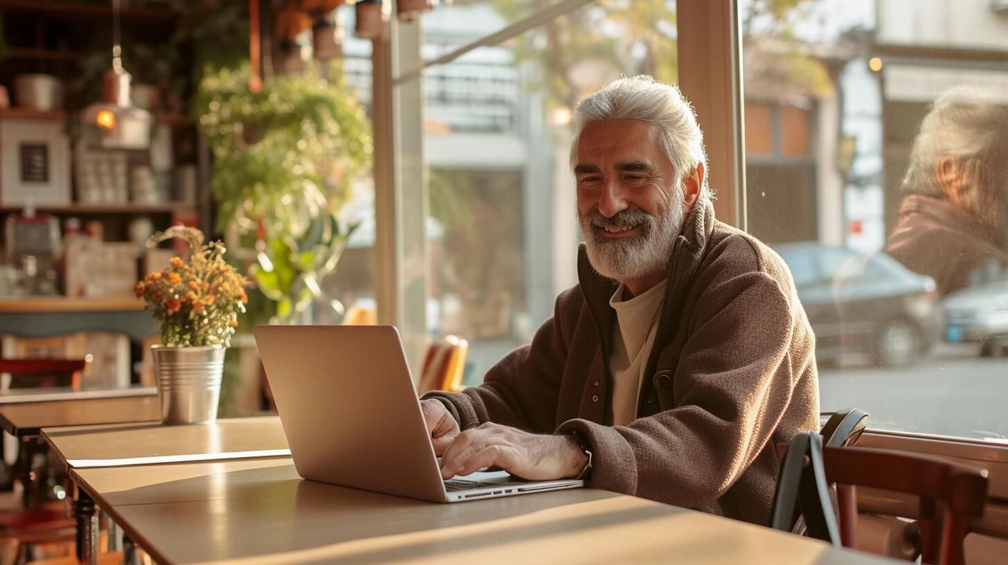 Hombre mayor concentrado trabajando en su laptop en un café, evidenciando su comodidad y destreza con la tecnología moderna. La imagen captura su conexión activa con el mundo digital, desafiando las nociones tradicionales sobre la edad y la adaptación tecnológica. (Imagen ilustrativa Infobae)