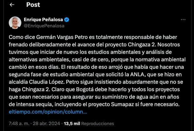 Enrique Peñalosa habla de la columna de opinión de Germán Vargas Lleras - crédito @EnriquePenalosa