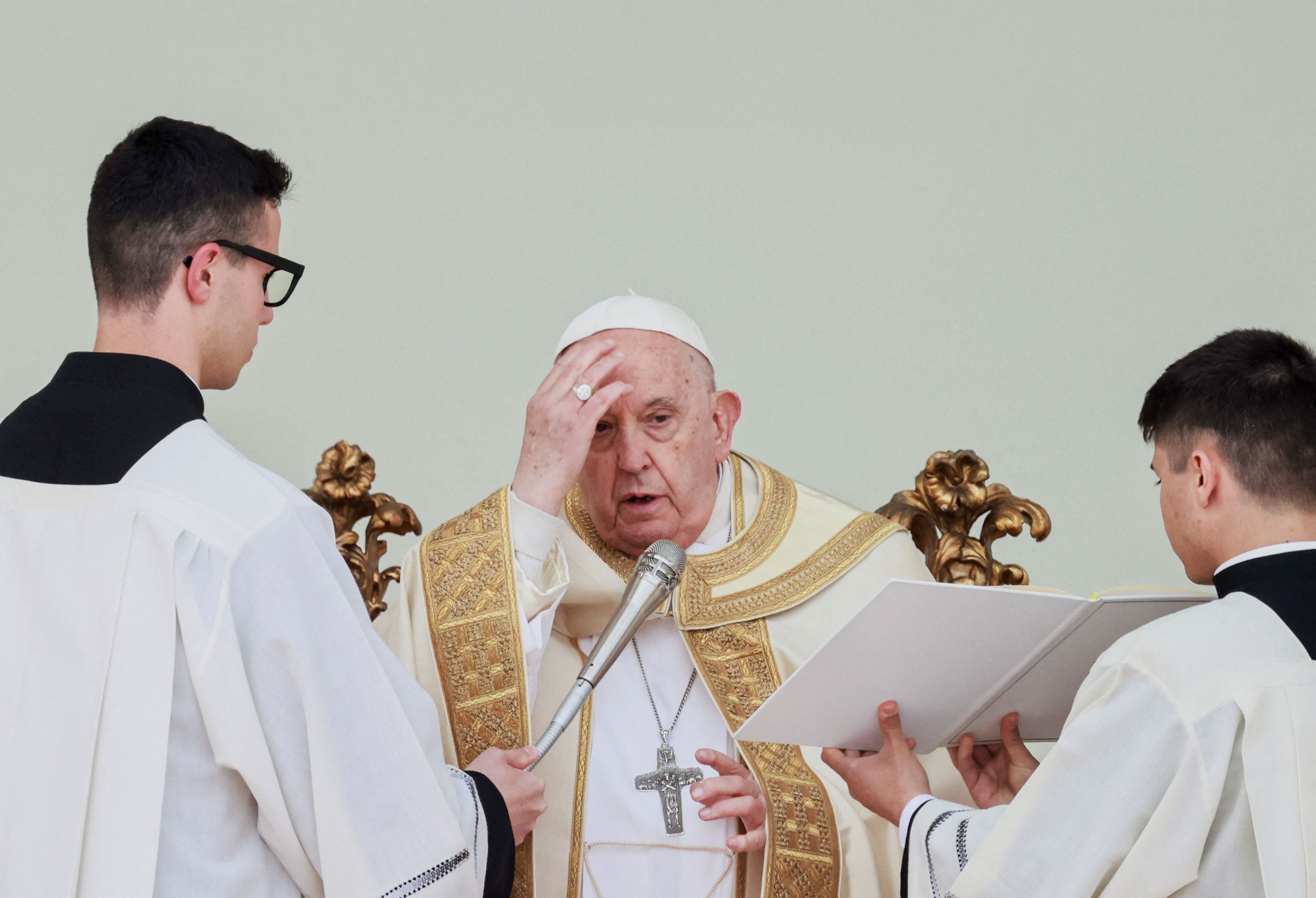 Pope Francis speaks as he celebrates the Holy Mass, in Venice, Italy, April 28, 2024. REUTERS/Yara Nardi