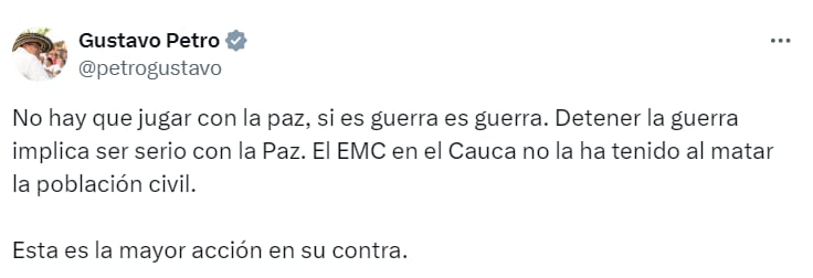 La contundente declaración del presidente Petro tras la neutralización de al menos 15 subversivos ene l Cauca - crédito @petrogustavo / X