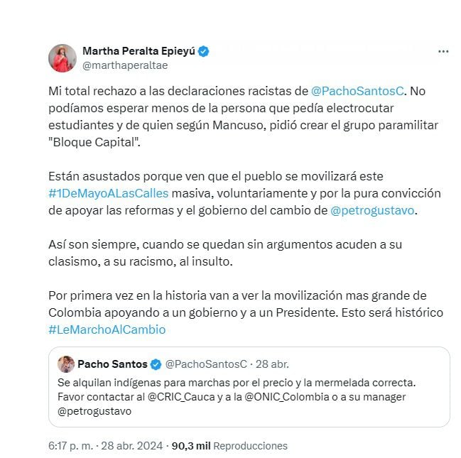 Crítica de la senadora Martha Peralta al  trino de 'Pacho' Santos que fue calificado de racista. (Crédito: @marthaperaltae / X)