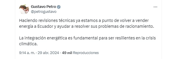 Petro anunció que Colombia le volverá a vender energía a Ecuador - crédito captura de pantalla