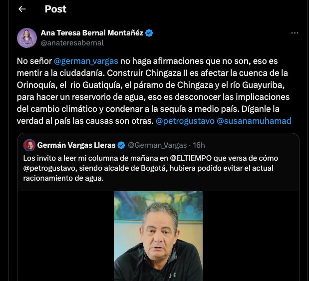 Ana Teresa Bernal le responde a Germán Vargas Lleras por responsabilizar al presidente Petro del racionamiento de agua en Bogotá - crédito @anateresabernal