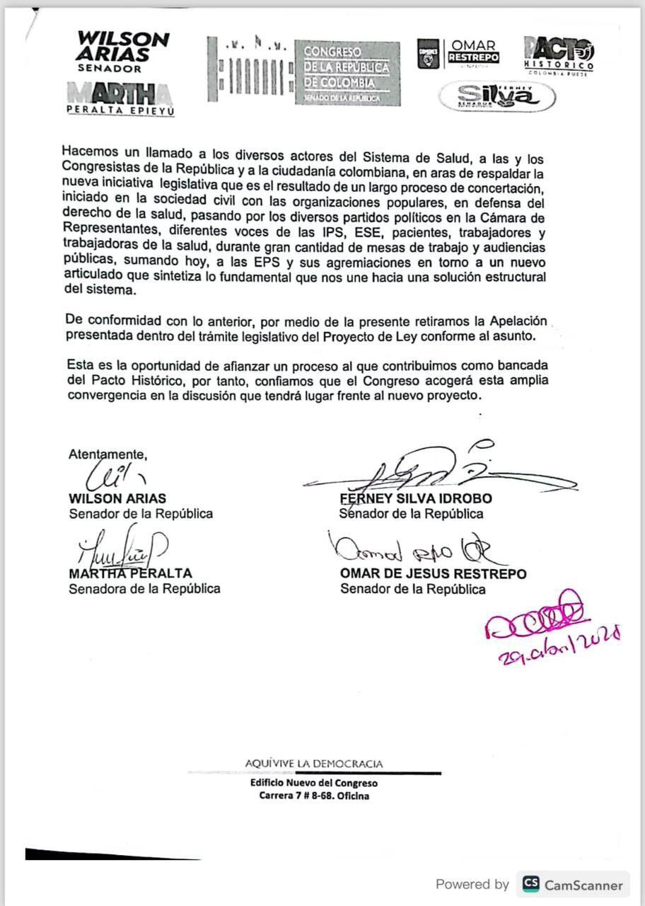 Carta de para retirar apelación al archivo de la reforma a la salud