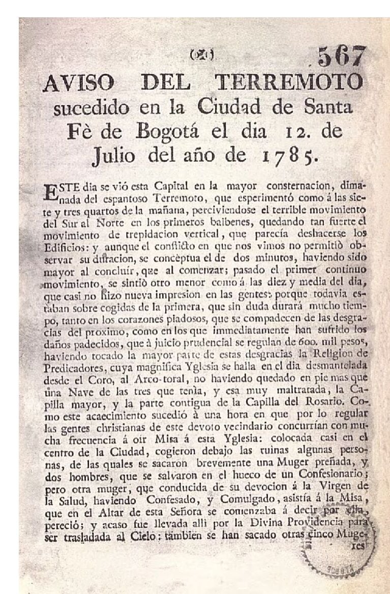 Copia digital del Aviso del Terremoto, la primera publicación periodística de la historia en Colombia que fue elaborada en 1785. (Crédito: Biblioteca Virtual del Banco de la República)