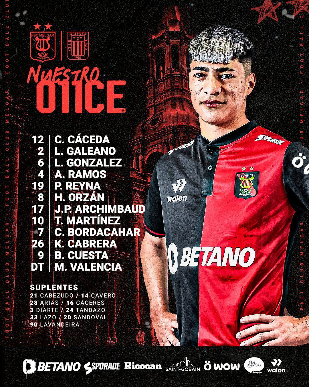 Alineación de Melgar para enfrentar a Alianza Lima.