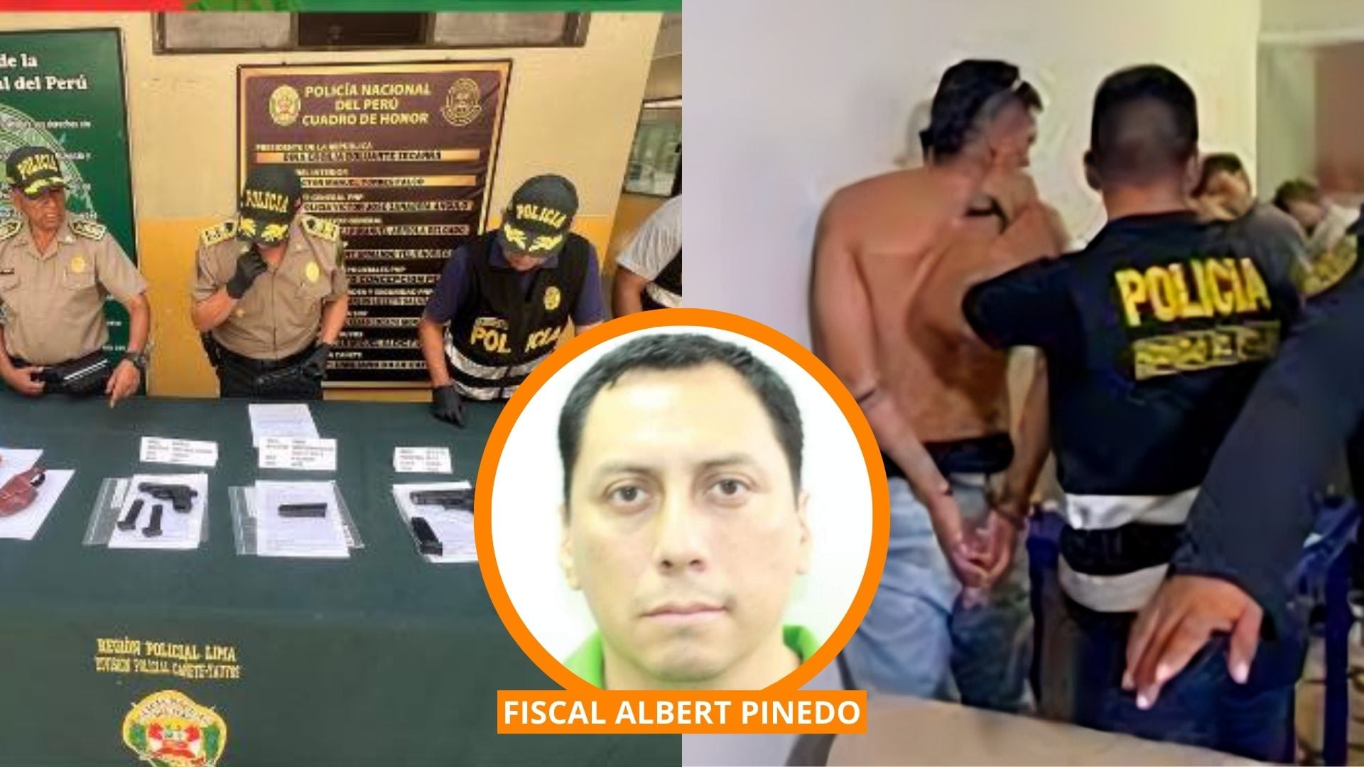 Fotocomposición de intervención policial, muestra de armas y la foto del fiscal Albert Pinedo