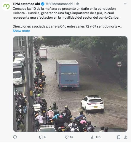 Publicación sobre la fuga de agua en Medellín - crédito redes sociales