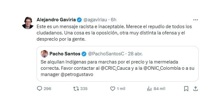 Alejandro Gaviria calificó de racista el trino de 'Pacho' Santos contra los indígenas. (Crédito: @agaviriau / X)