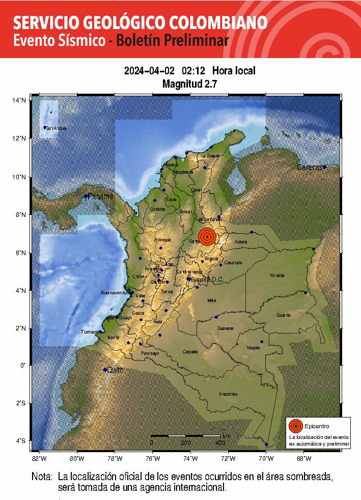 El primer sismo del día 2 de abril en La Mesa de los Santos fue de 2.8 en la escala sismológica de Richter - crédito Servicio Geológico Colombiano