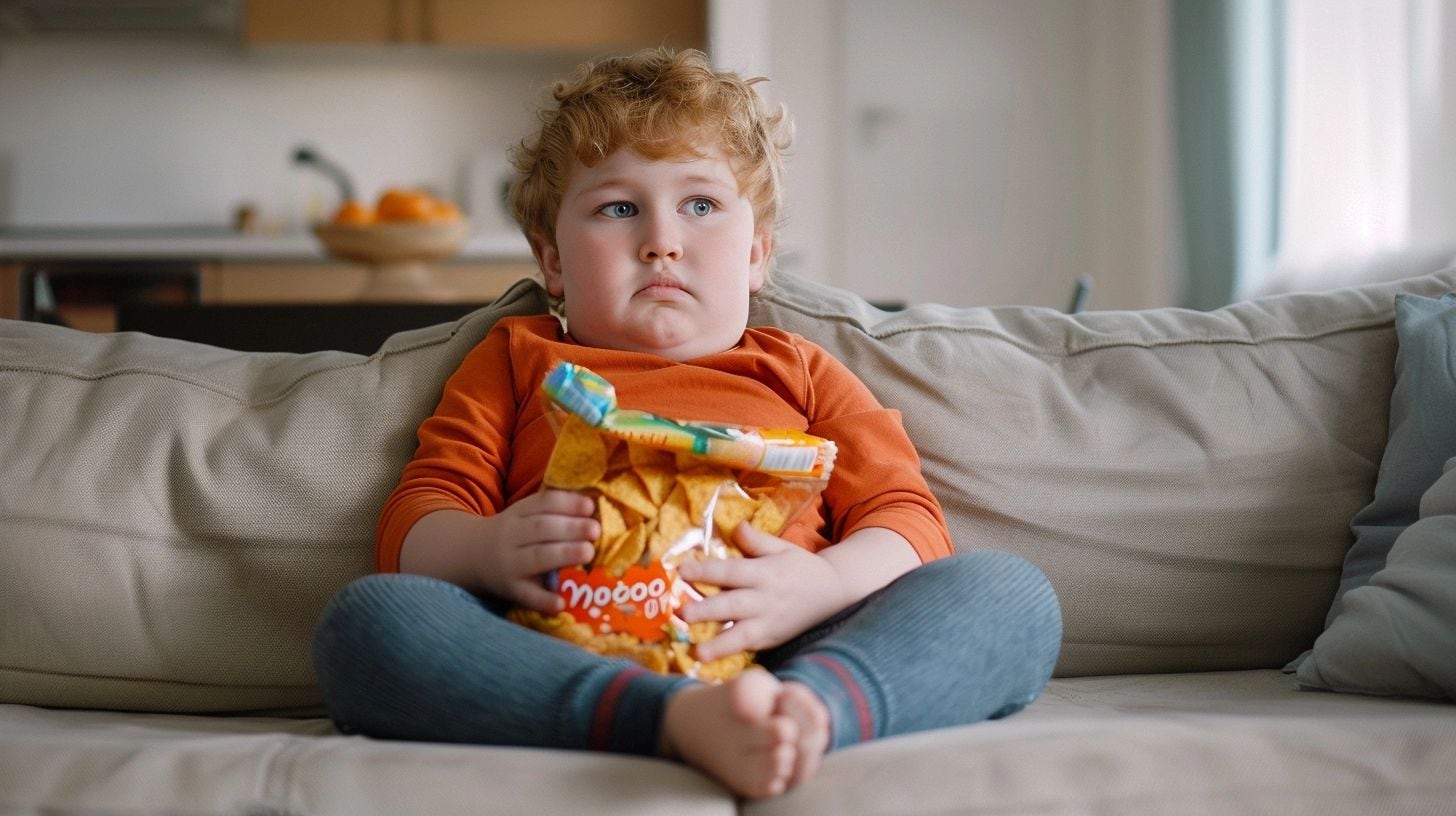 Un niño con sobrepeso se relaja en el sillón, con un paquete de papas fritas en sus manos. La imagen muestra a un niño sentado cómodamente, con un paquete de comida chatarra en su regazo, lo que puede ser un indicador de hábitos alimenticios poco saludables. La obesidad infantil es un problema de salud que requiere atención y cambios en la dieta y el estilo de vida. (Imagen ilustrativa Infobae)