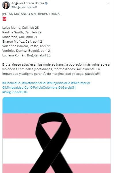 La senadora Angélica Lozano exigió justicia ante los recientes hechos de violencia encontra de la comunidad trans - crédito @AngelicaLozanoC / X