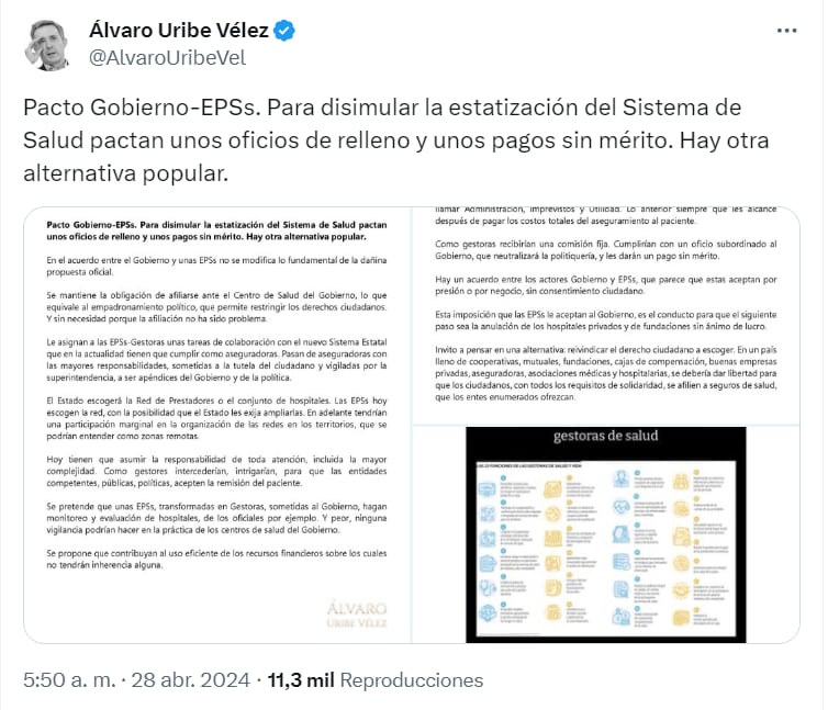 El expresidente publicó varias consecuencias que, a su parecer, tendría el modelo de salud si se aprueba la reforma - crédito red social X