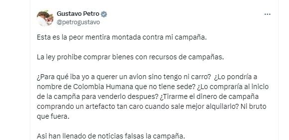 El presidente Gustavo Petro aseguró que no se compró un avión para su campaña presidencial - crédito captura de pantalla