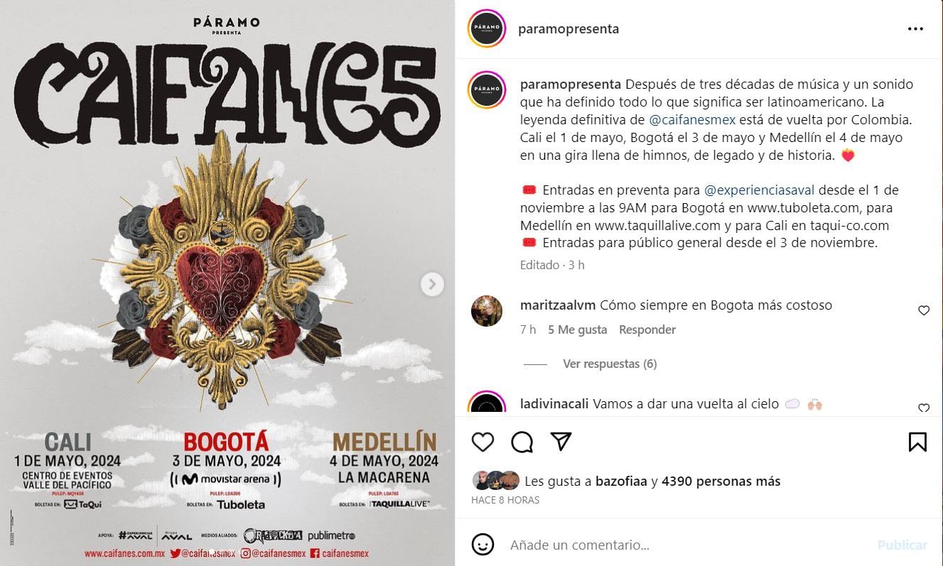 Páramo Presenta será la productora responsable de traer a Caifanes para sus tres fechas en Colombia - crédito @paramopresenta/Instagram