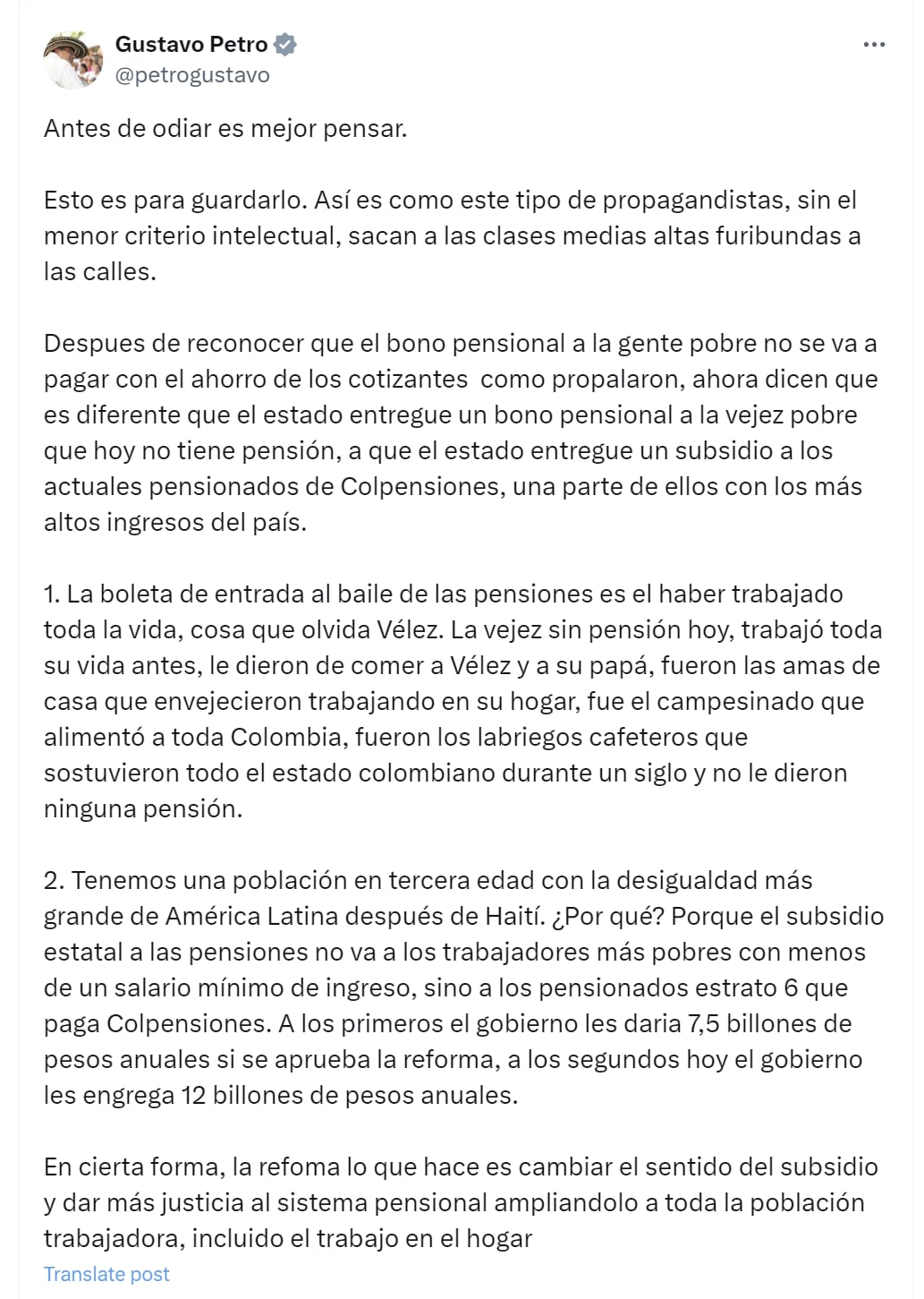 Gustavo Petro respondió críticas de Luis Carlos Vélez referentes a la reforma pensional - crédito @petrogustavo7X