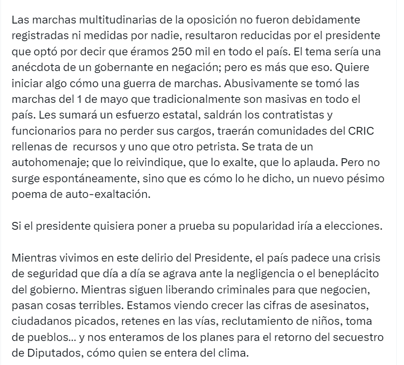 Paloma Valencia criticó la poca atención que ha prestado el presidente a los colombianos descontentos - crédito red social X