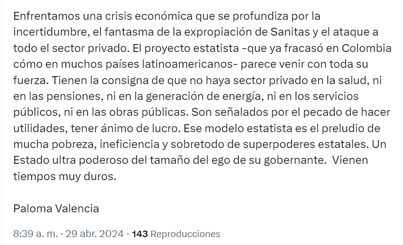 La senadora indicó que el presidente considera un "enermigo" a todo el que está en contra de Gobierno - crédito red social X