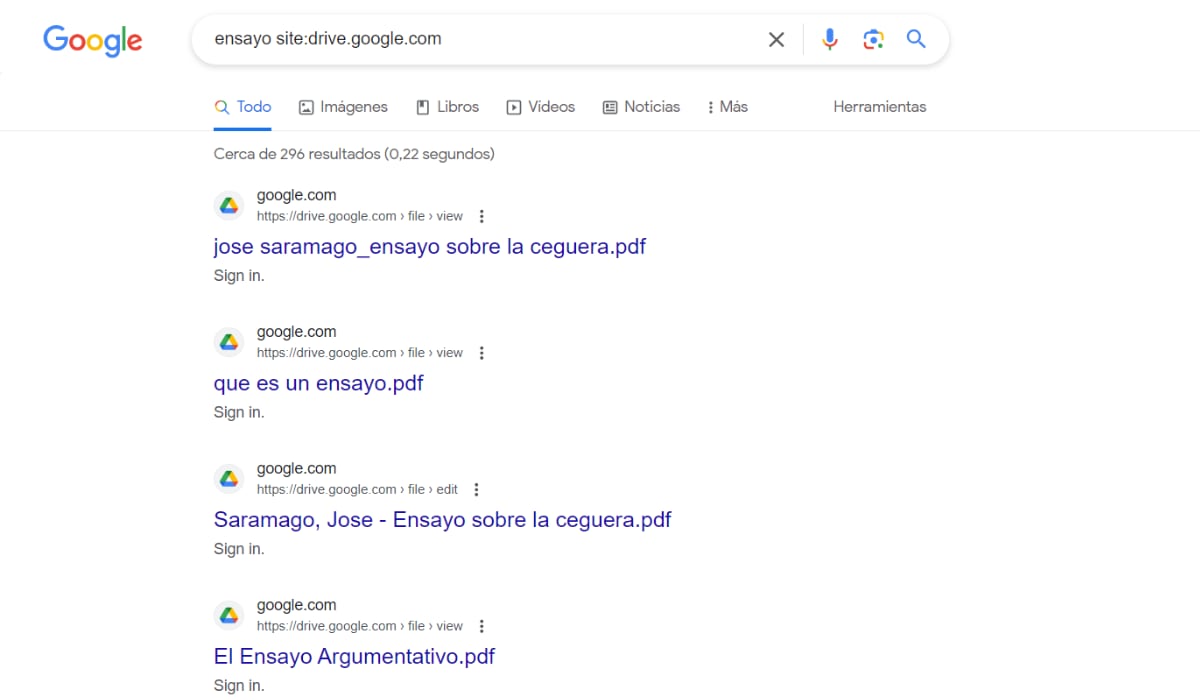 Los resultados de búsqueda al utilizar el parámetro "ensayo site:drive.google.com". (Google)