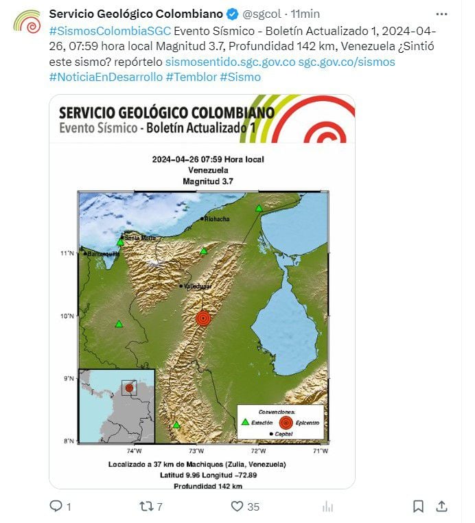 En algunos departamentos del norte y oriente del país se sintió el movimiento telúrico - crédito @sgcol/X