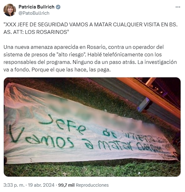 tweet de Patricia Bullrich sobre las amenazas contra el Ministerio de Seguridad en Rosario