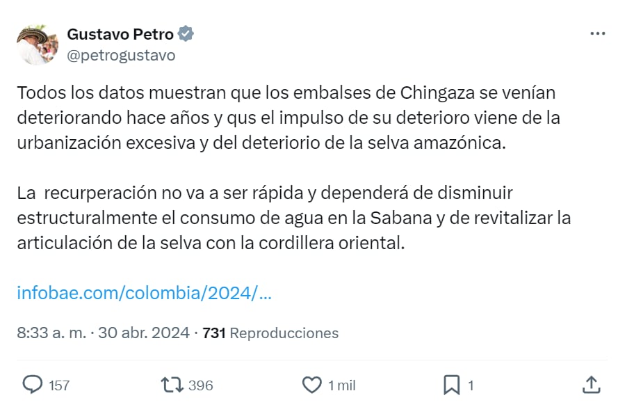 El presidente culpó a la urbanización desbordada en Bogotá de la crisis por falta de agua - crédito red social X