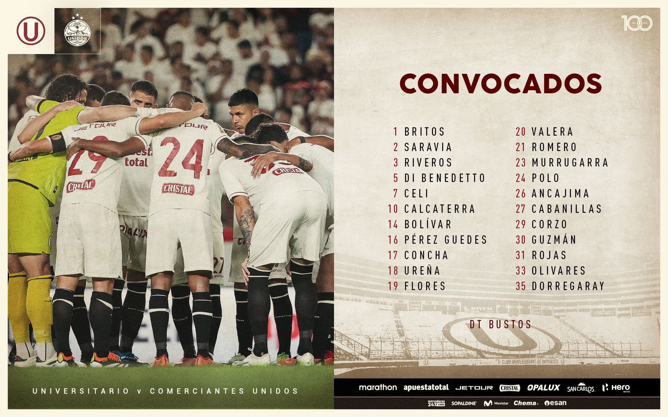 Lista de convocados de Universitario vs Comerciantes Unidos por Liga 1 2024.