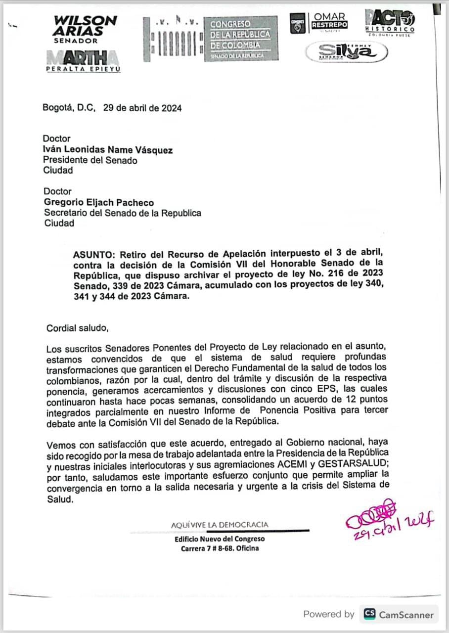 Carta de para retirar apelación al archivo de la reforma a la salud