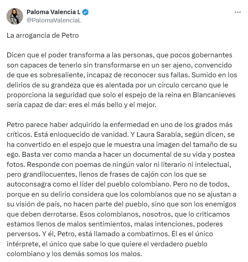 Paloma Valencia aseguró que el presidente adquirió la enfermedad de la “arrogancia” - crédito red social X