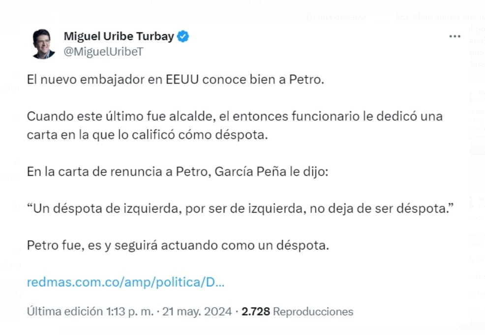 El senador Miguel Uribe Turbay criticó el nombramiento de Daniel García-Peña como embajador en Estados Unidos - crédito @MiguelUribeT/X