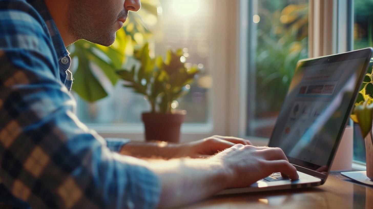 Emprendedor concentrado en su laptop gestionando compras por internet, maximizando el potencial del trabajo a distancia gracias a una buena conexión online, reflejando la modernidad del home office. (Imagen ilustrativa Infobae)