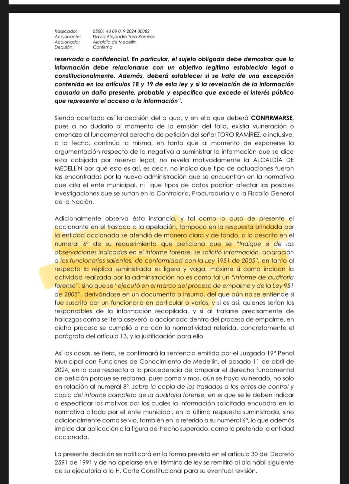 Tutela nuevamente falló a favor de la anterior Alcaldía de Medellín, según publicó el congresista del Pacto Histórico - crédito @AlejoToroAnt/X