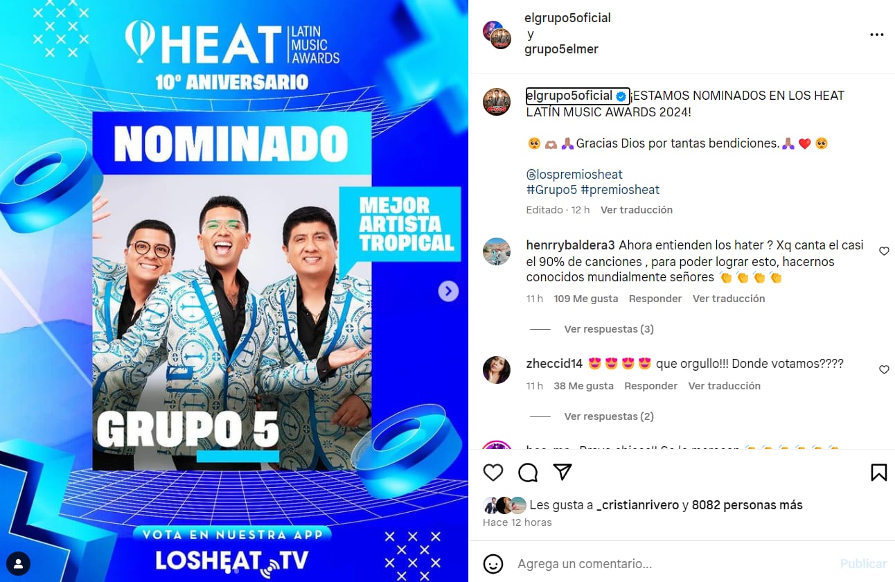 Grupo 5 brilla con nominación a Mejor Artista Tropical en premios Heat Latin Music Awards.